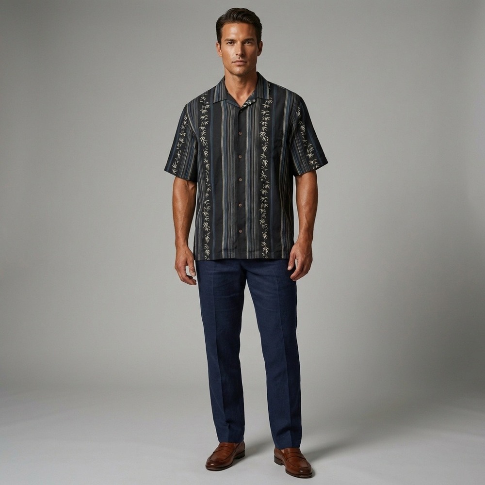 Tommy Bahama Mens M Silk Linen Camp Shirt Black‎ Striped Bamboo Embroidered